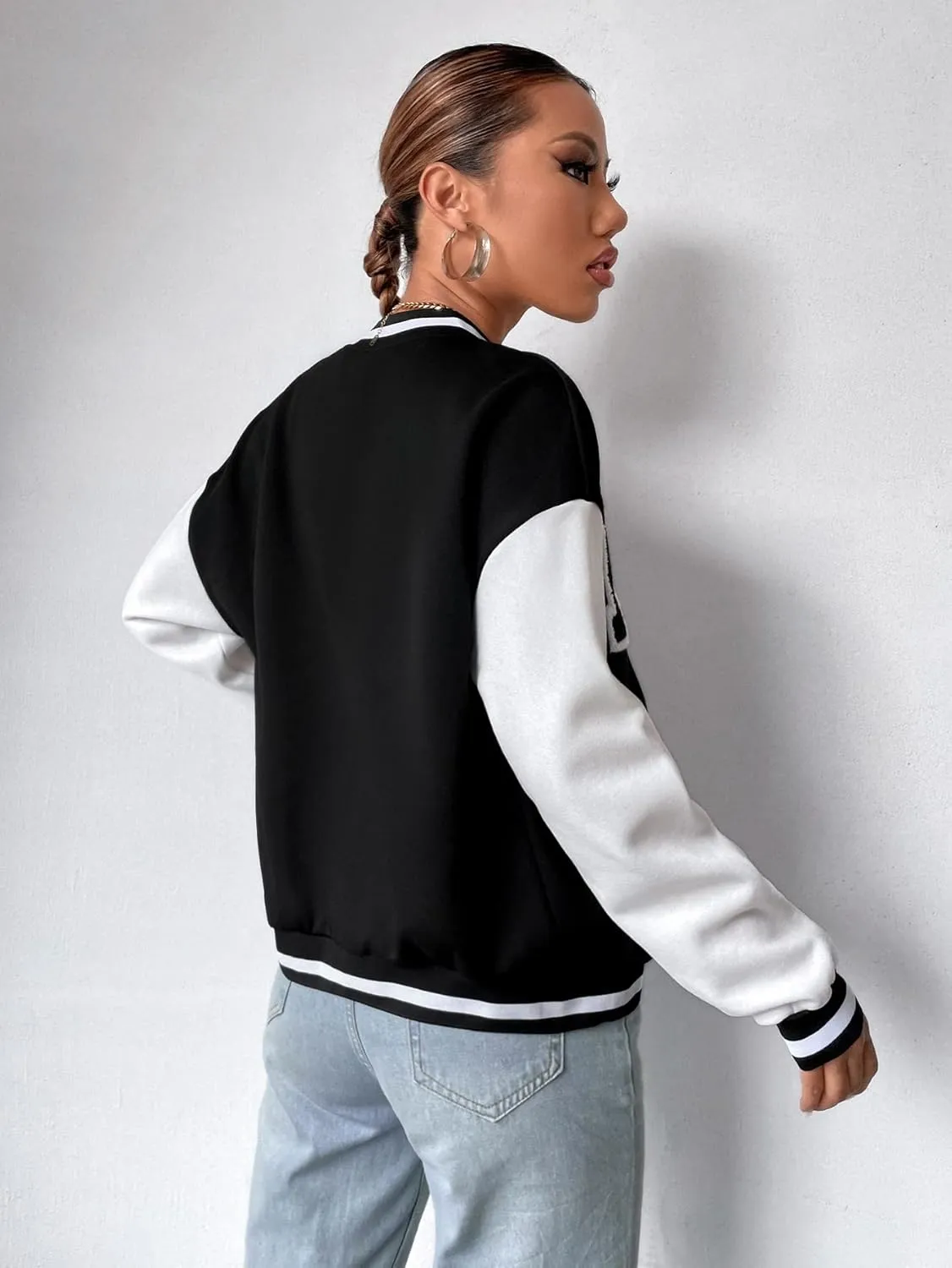 MakeMeChic Women's Casual Button Down Long Sleeve Letter Print Jacket Outerwear