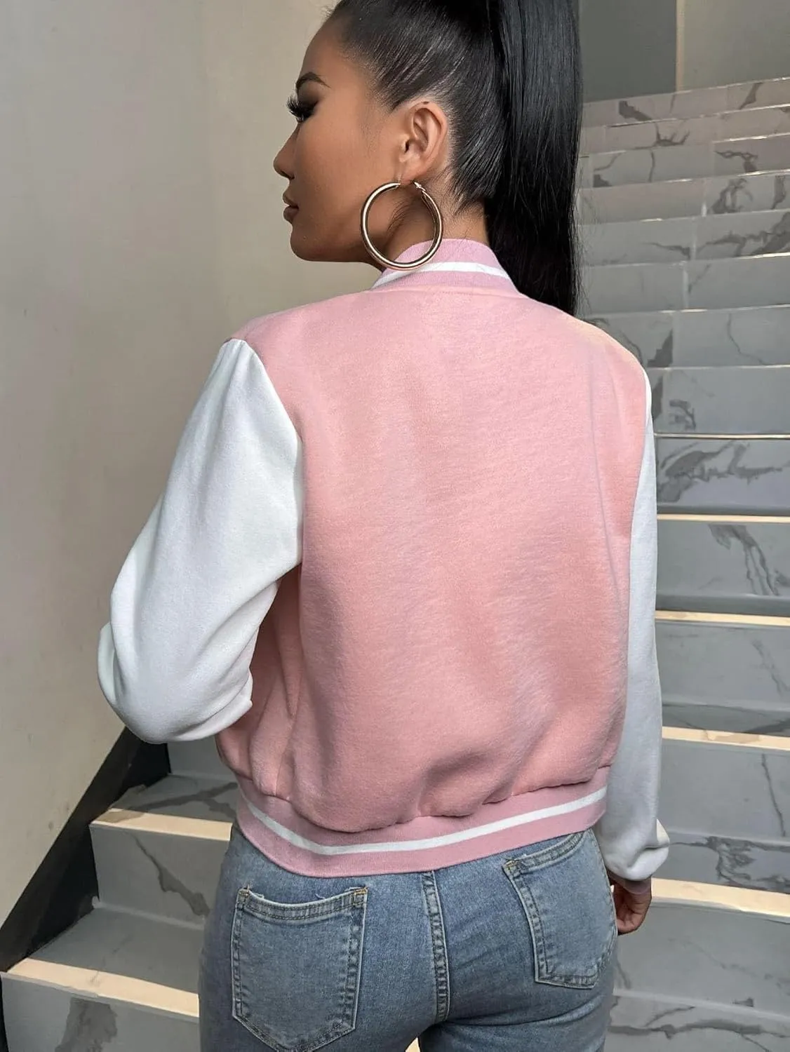 MakeMeChic Women's Casual Button Down Long Sleeve Letter Print Jacket Outerwear
