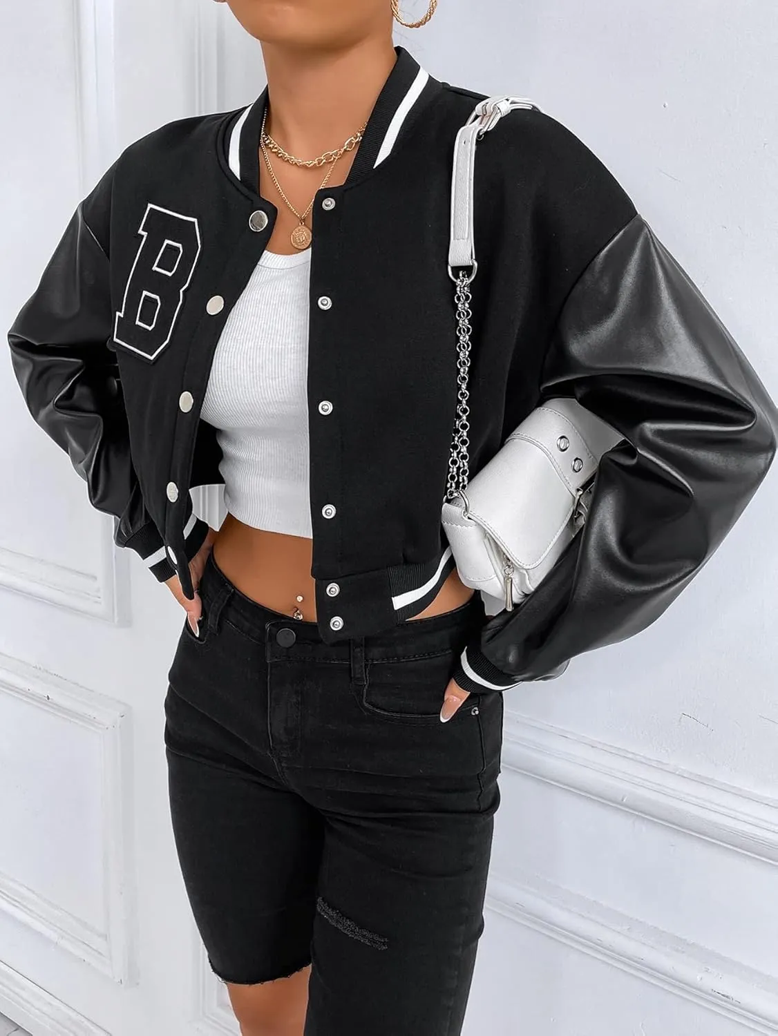 MakeMeChic Women's Casual Button Down Long Sleeve Letter Print Jacket Outerwear