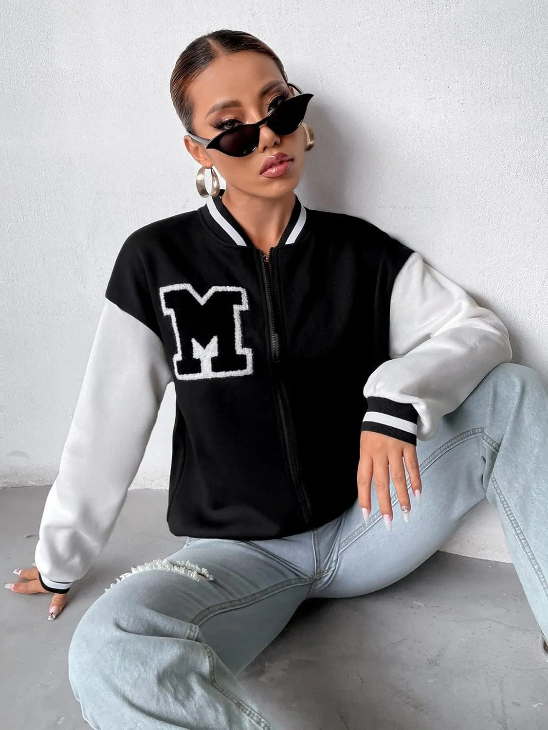 MakeMeChic Women's Casual Button Down Long Sleeve Letter Print Jacket Outerwear