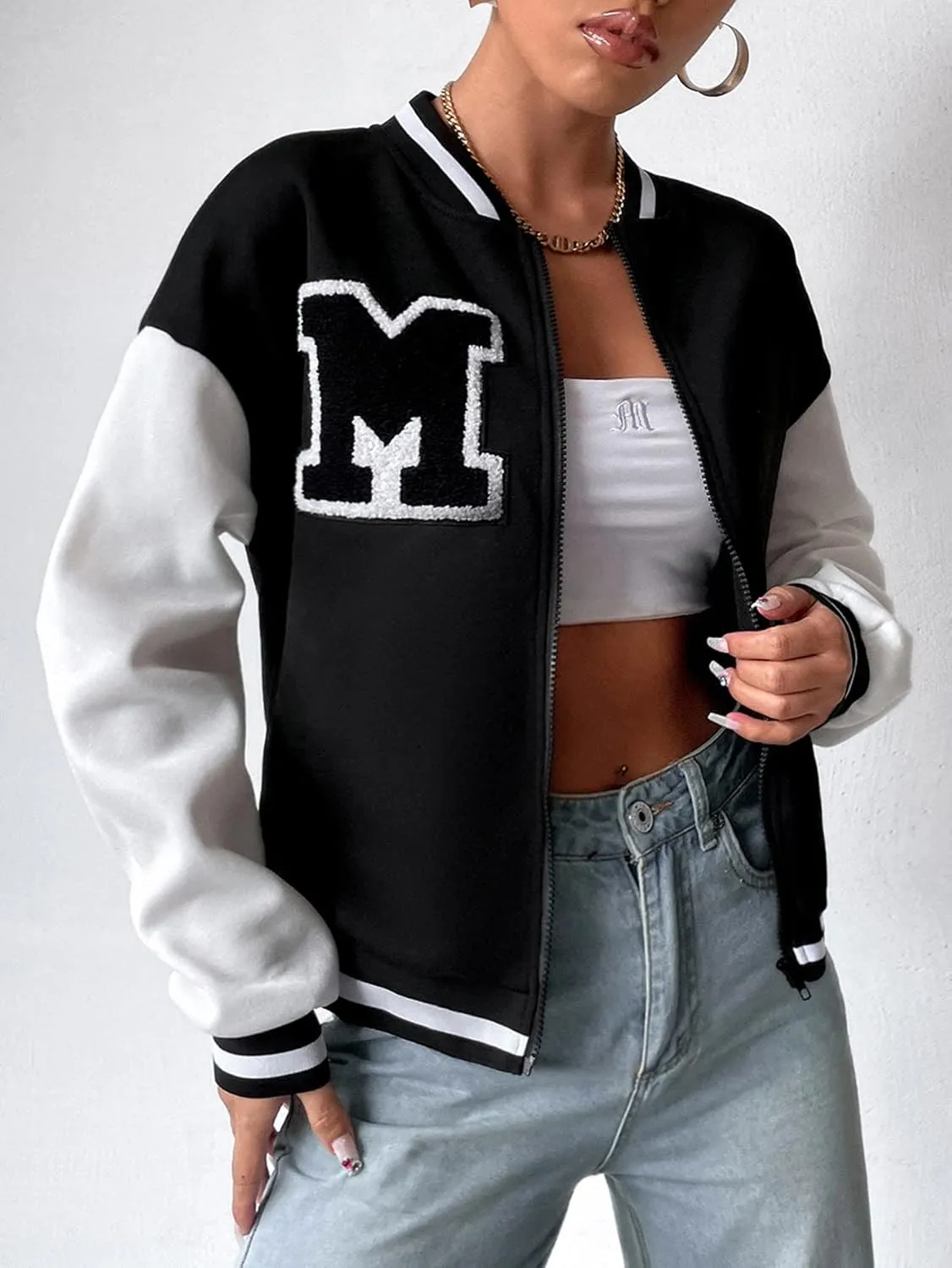 MakeMeChic Women's Casual Button Down Long Sleeve Letter Print Jacket Outerwear