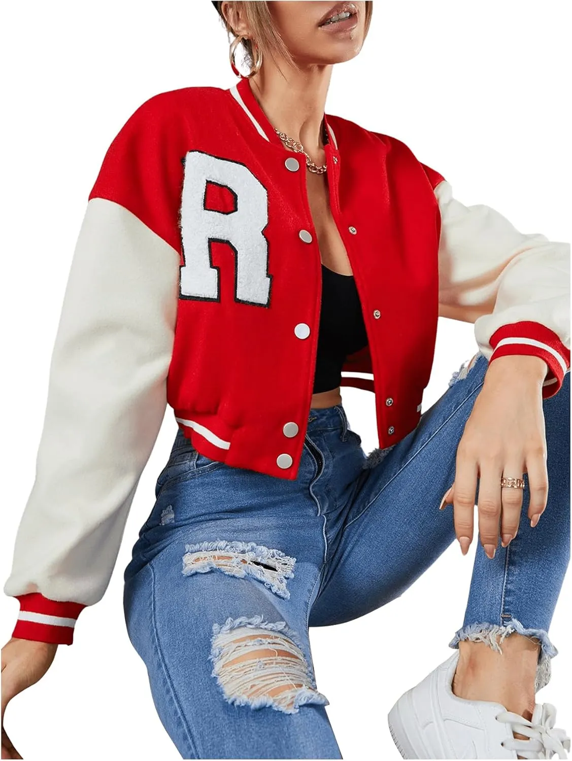 MakeMeChic Women's Casual Button Down Long Sleeve Letter Print Jacket Outerwear
