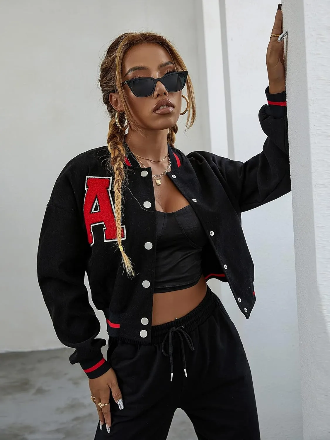 MakeMeChic Women's Casual Button Down Long Sleeve Letter Print Jacket Outerwear