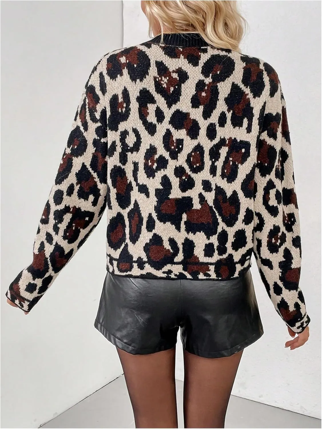 MakeMeChic Women's Leopard Print Button Down Sweater Cardigan Long Sleeve Knit Outerwear