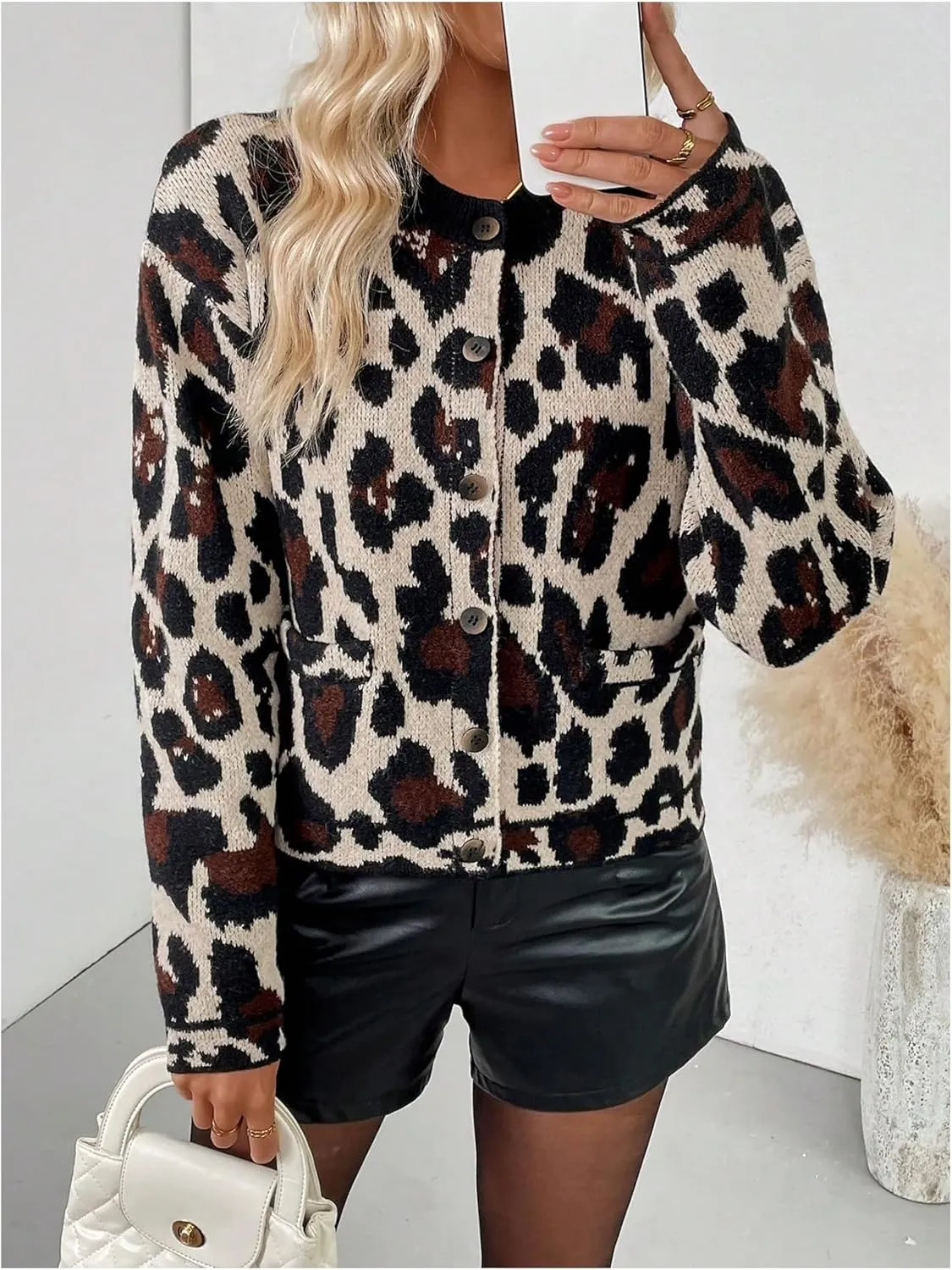 MakeMeChic Women's Leopard Print Button Down Sweater Cardigan Long Sleeve Knit Outerwear