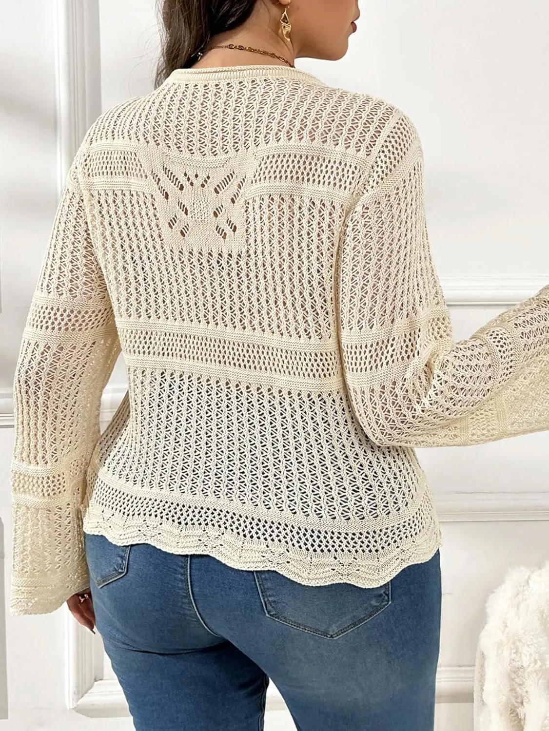 MakeMeChic Women's Plus Size Cardigan Sweater Crochet Bow Tie Front Knit Outerwear