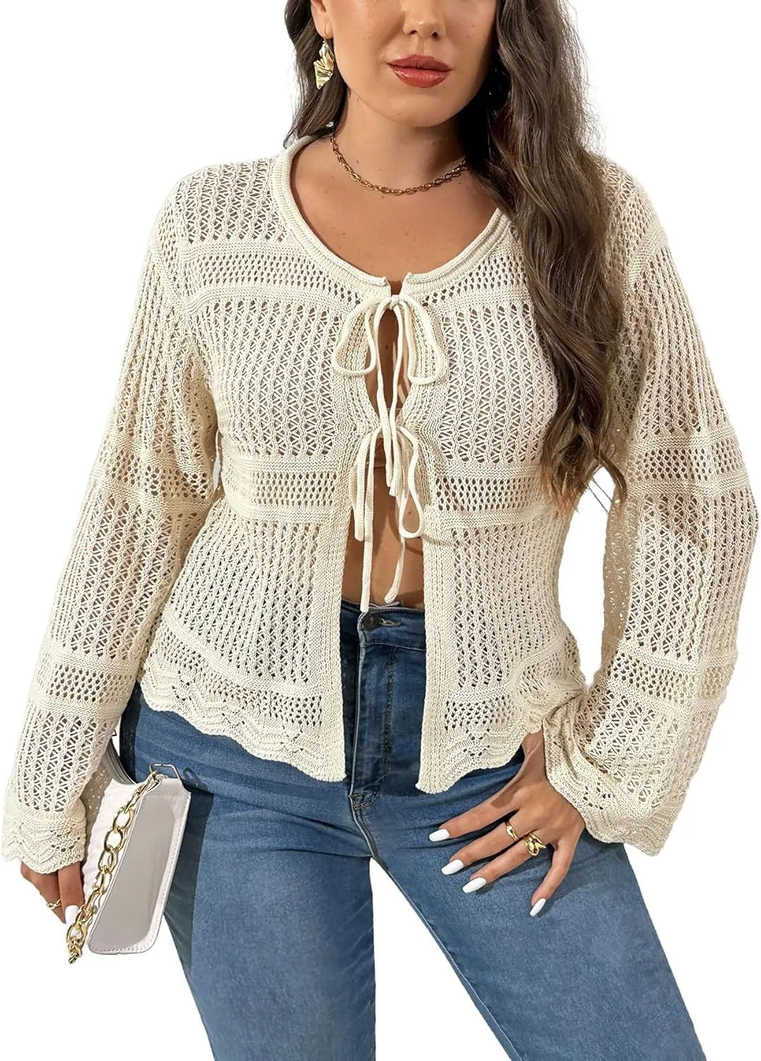 MakeMeChic Women's Plus Size Cardigan Sweater Crochet Bow Tie Front Knit Outerwear