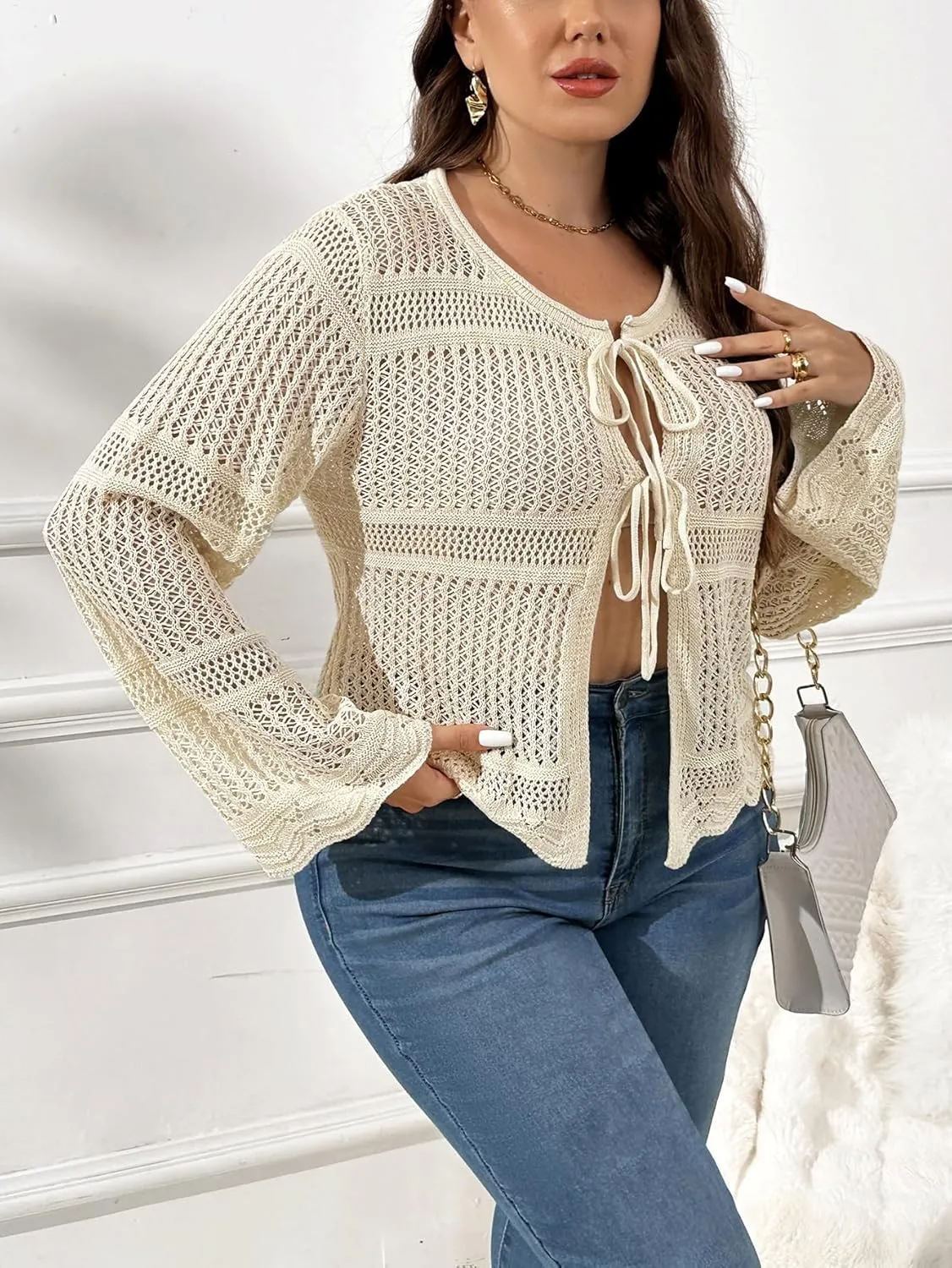 MakeMeChic Women's Plus Size Cardigan Sweater Crochet Bow Tie Front Knit Outerwear