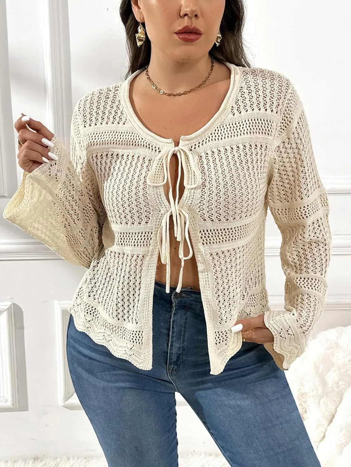 MakeMeChic Women's Plus Size Cardigan Sweater Crochet Bow Tie Front Knit Outerwear