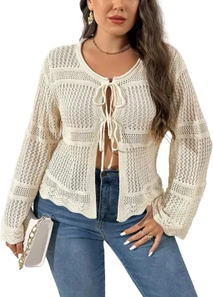 MakeMeChic Women's Plus Size Cardigan Sweater Crochet Bow Tie Front Knit Outerwear