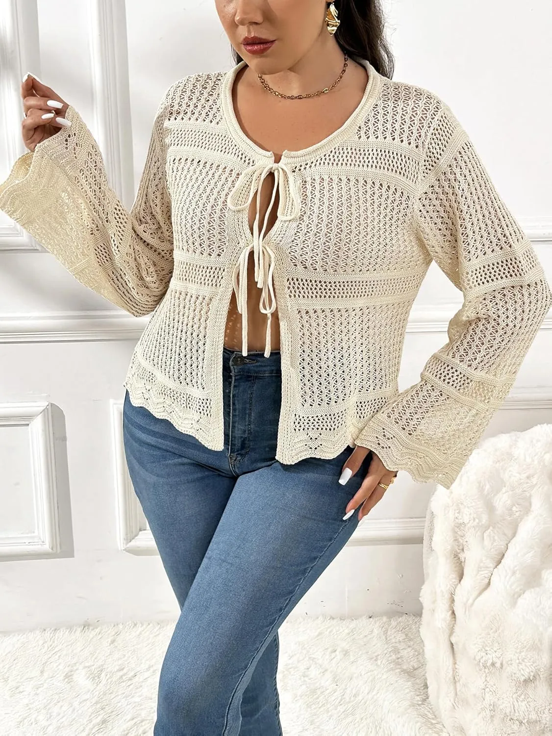 MakeMeChic Women's Plus Size Cardigan Sweater Crochet Bow Tie Front Knit Outerwear