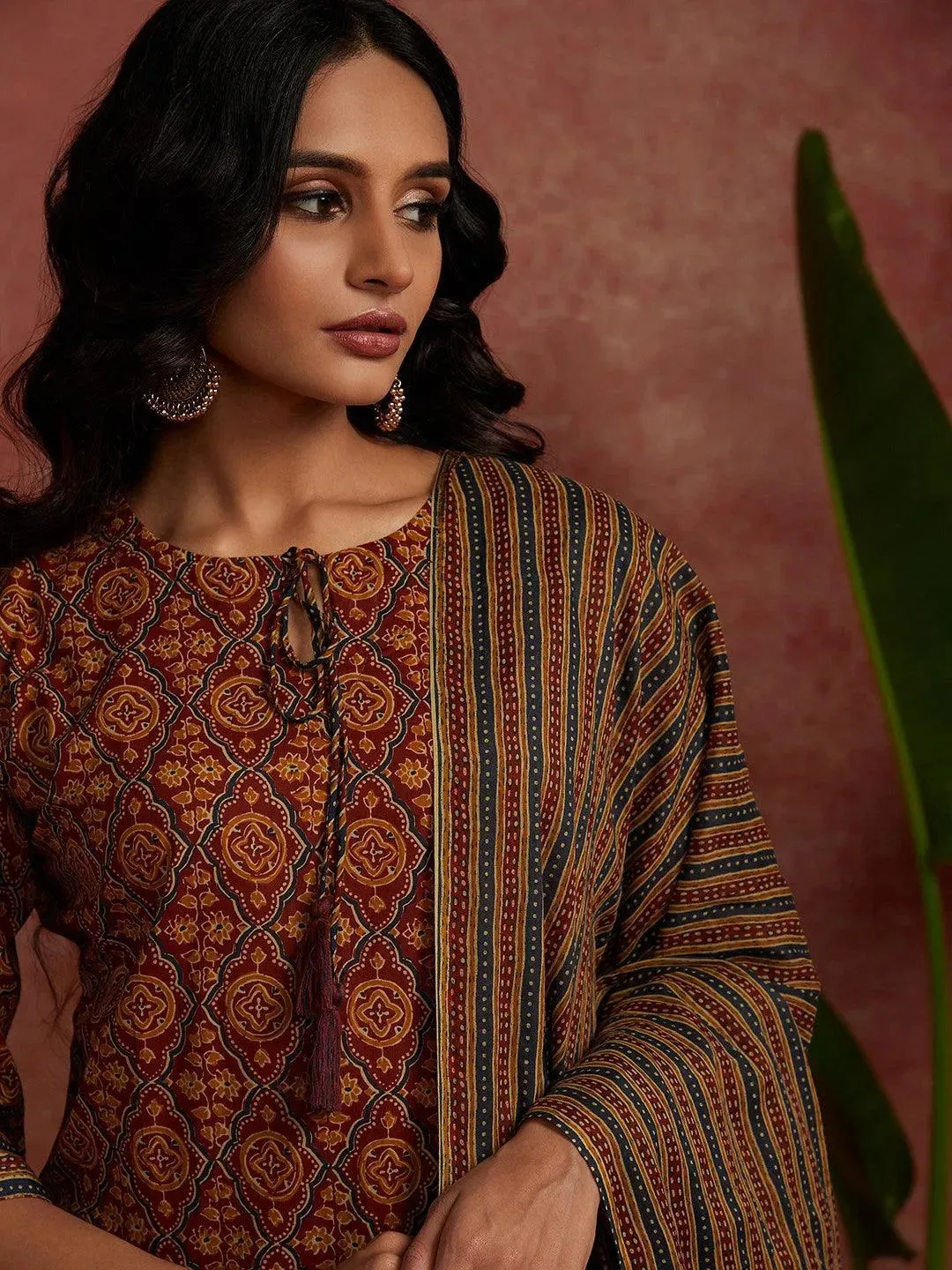 Maroon Printed Cotton Straight Suit With Dupatta