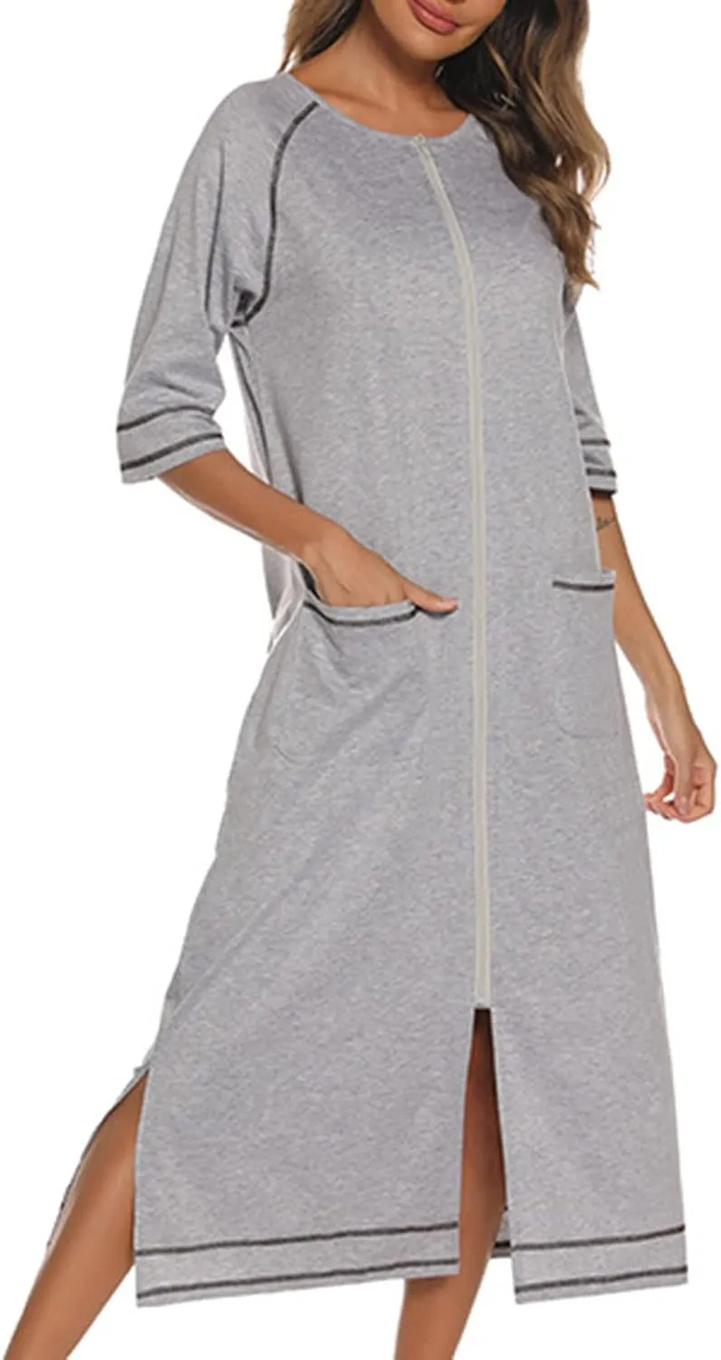 Maternity Robe for Women with Pockets, Women Long Robes Zip Up Nightgowns Full Length Sleepwear Comfy House Dress