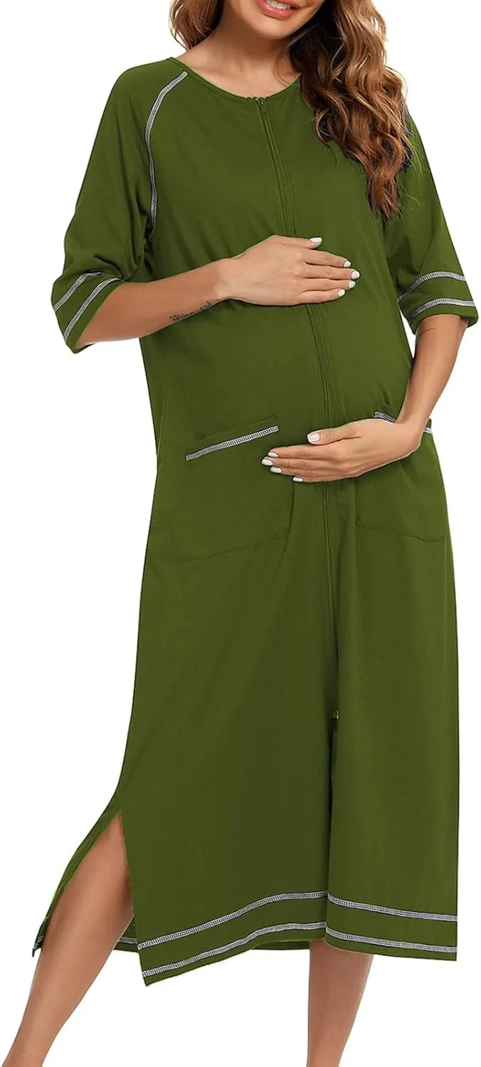 Maternity Robe for Women with Pockets, Women Long Robes Zip Up Nightgowns Full Length Sleepwear Comfy House Dress