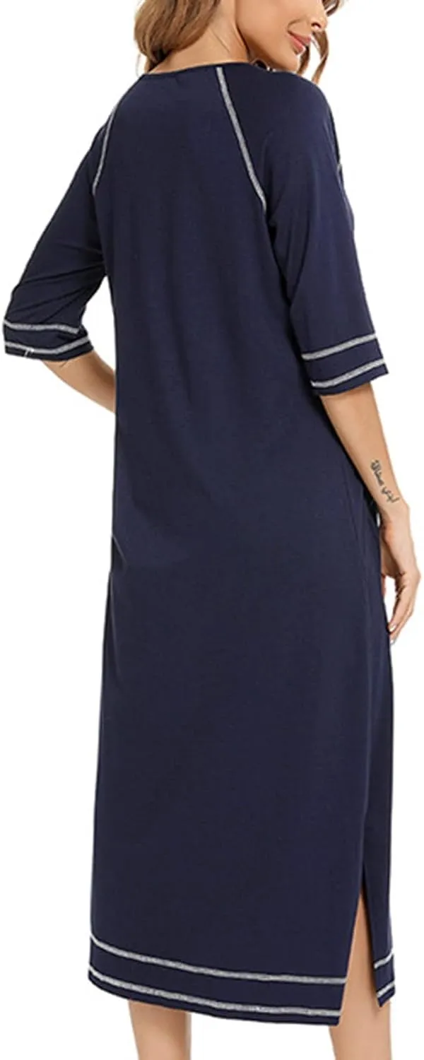 Maternity Robe for Women with Pockets, Women Long Robes Zip Up Nightgowns Full Length Sleepwear Comfy House Dress