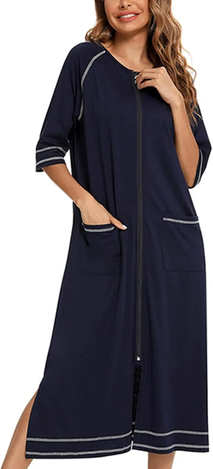 Maternity Robe for Women with Pockets, Women Long Robes Zip Up Nightgowns Full Length Sleepwear Comfy House Dress