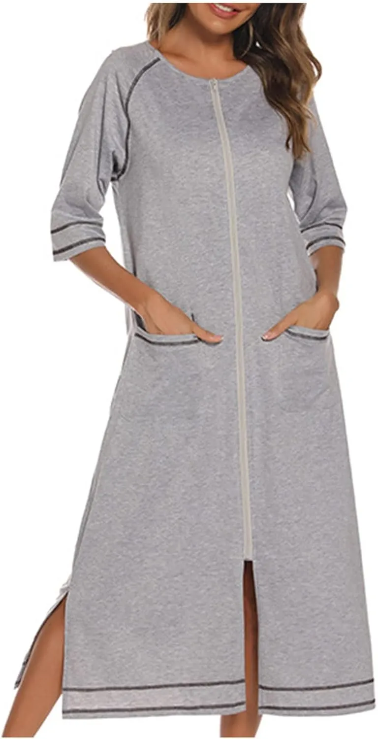 Maternity Robe for Women with Pockets, Women Long Robes Zip Up Nightgowns Full Length Sleepwear Comfy House Dress