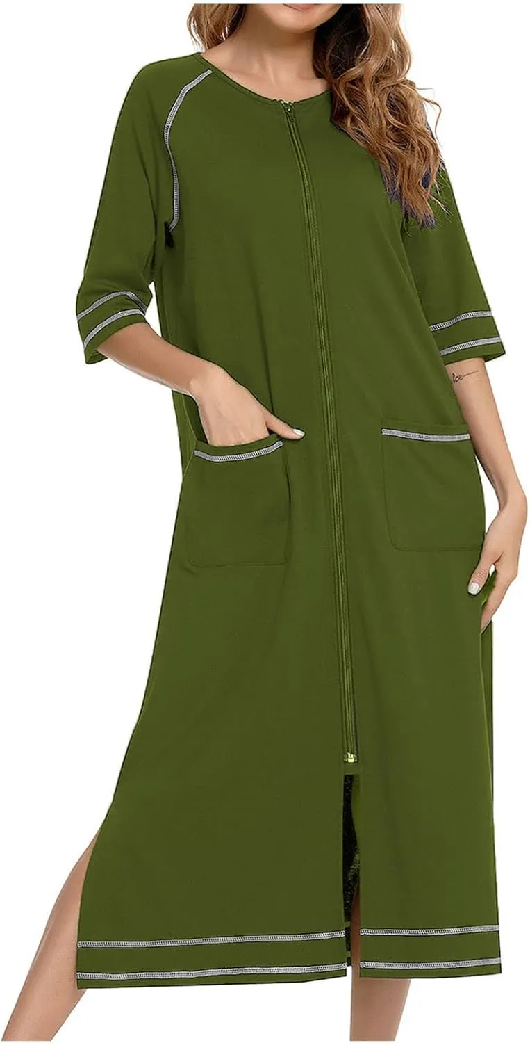 Maternity Robe for Women with Pockets, Women Long Robes Zip Up Nightgowns Full Length Sleepwear Comfy House Dress