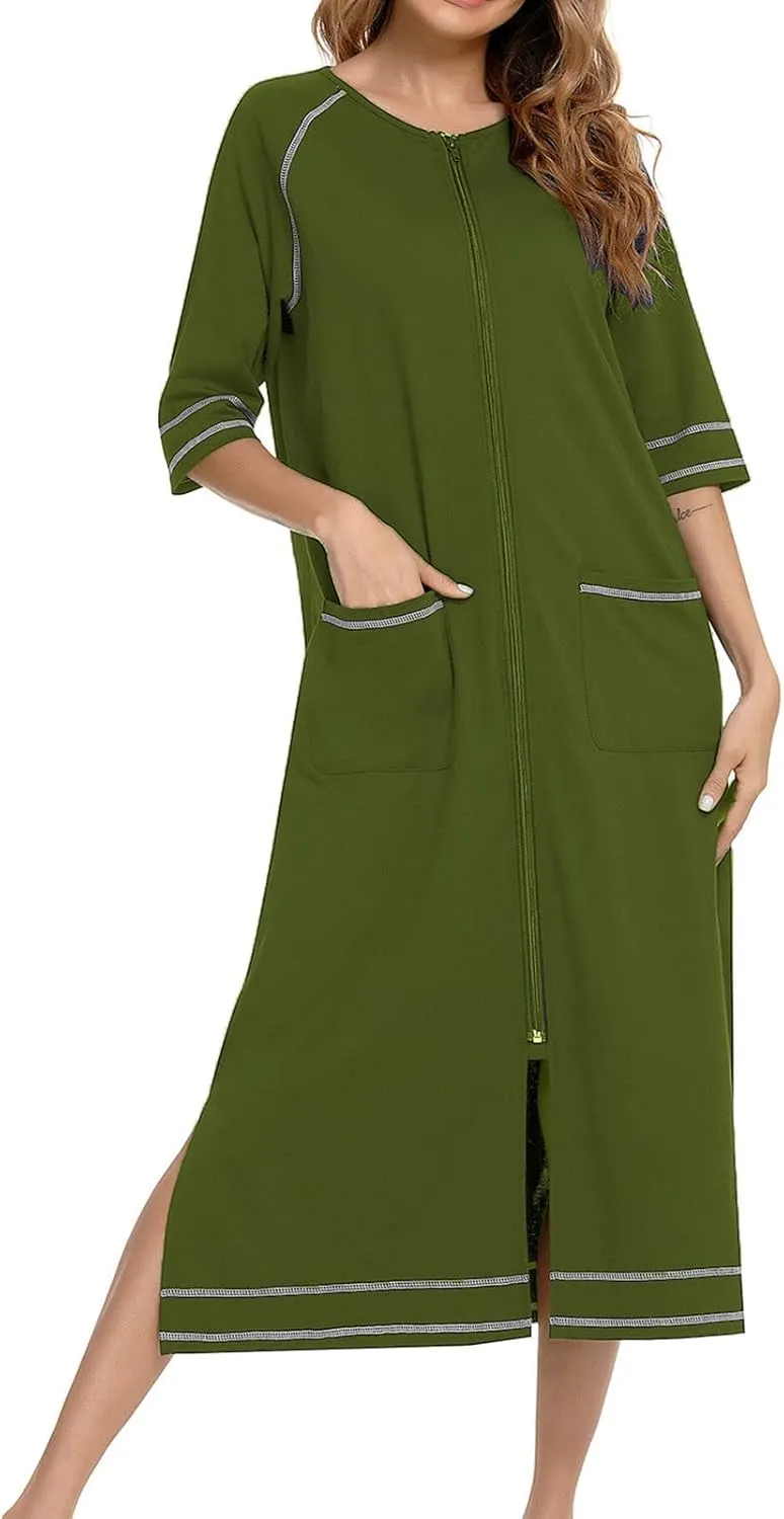 Maternity Robe for Women with Pockets, Women Long Robes Zip Up Nightgowns Full Length Sleepwear Comfy House Dress