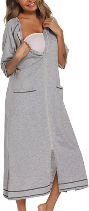 Maternity Robe for Women with Pockets, Women Long Robes Zip Up Nightgowns Full Length Sleepwear Comfy House Dress