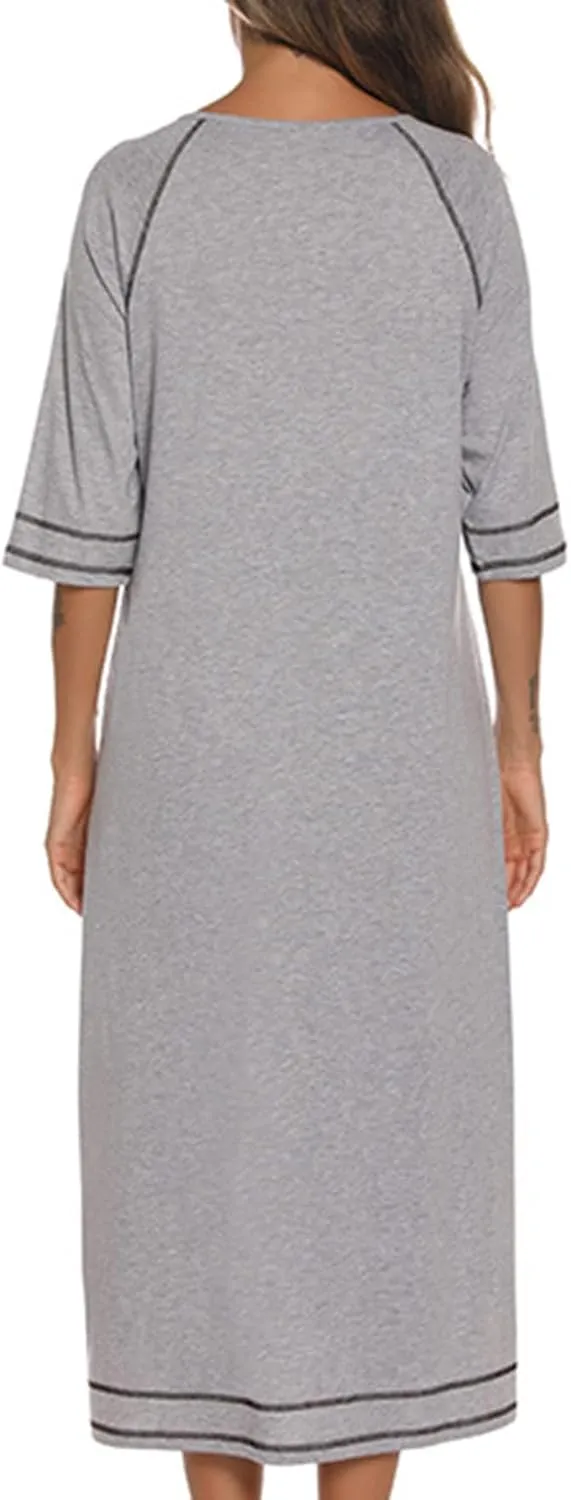 Maternity Robe for Women with Pockets, Women Long Robes Zip Up Nightgowns Full Length Sleepwear Comfy House Dress