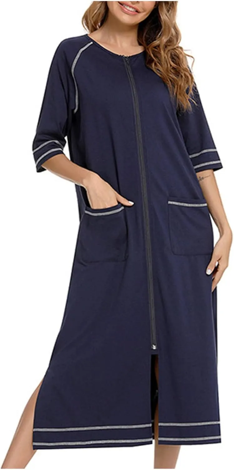 Maternity Robe for Women with Pockets, Women Long Robes Zip Up Nightgowns Full Length Sleepwear Comfy House Dress