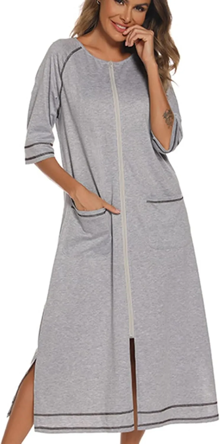 Maternity Robe for Women with Pockets, Women Long Robes Zip Up Nightgowns Full Length Sleepwear Comfy House Dress