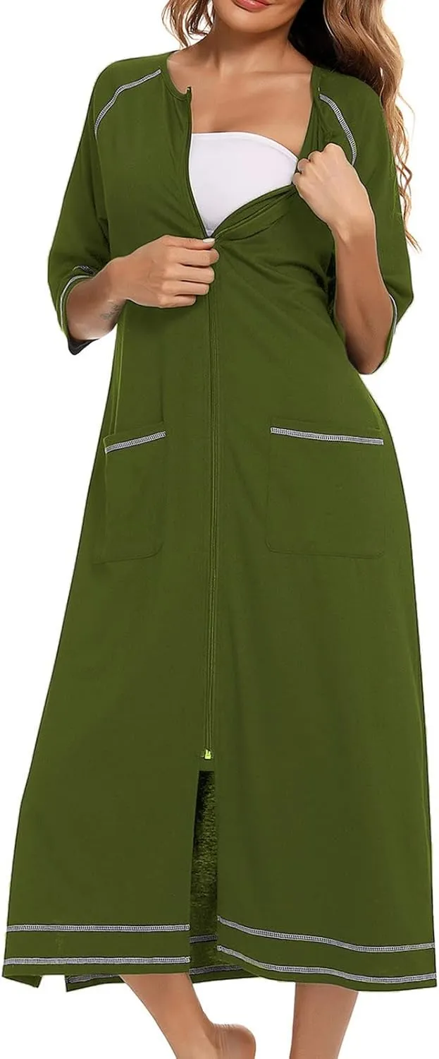Maternity Robe for Women with Pockets, Women Long Robes Zip Up Nightgowns Full Length Sleepwear Comfy House Dress