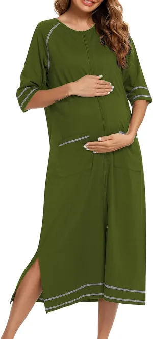 Maternity Robe for Women with Pockets, Women Long Robes Zip Up Nightgowns Full Length Sleepwear Comfy House Dress