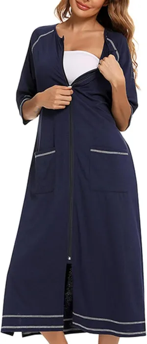 Maternity Robe for Women with Pockets, Women Long Robes Zip Up Nightgowns Full Length Sleepwear Comfy House Dress