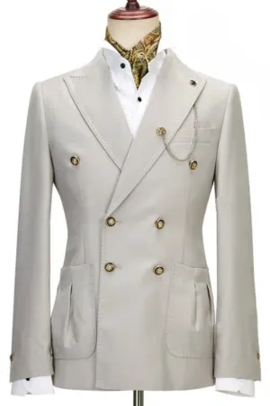 Maurice Elegant Light Gray Peak Lapel Double Breasted Prom Suit