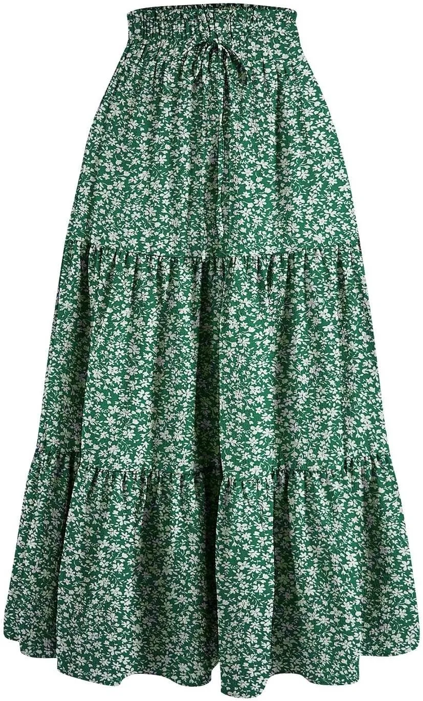 Maxi Skirts for Women High Waisted Tiered A Line Long Skirt Drawstring Flowy Floral Pleated Summer Skirt with Pockets