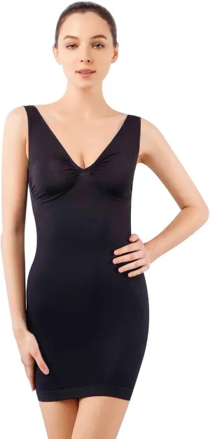  MD Women V Neck Full Body Shapewear Slip for Under Dresses, Seamless Control tummy Shaper Slip Dress