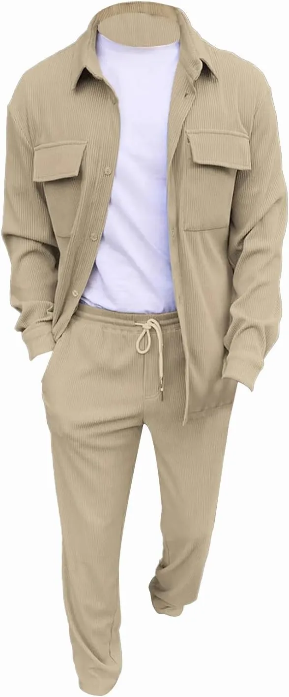 Men Outfits 2 Piece Corduroy Pants Button Down Long Sleeve Jackets Casual Loose Suits Sets Lightweight Activewear