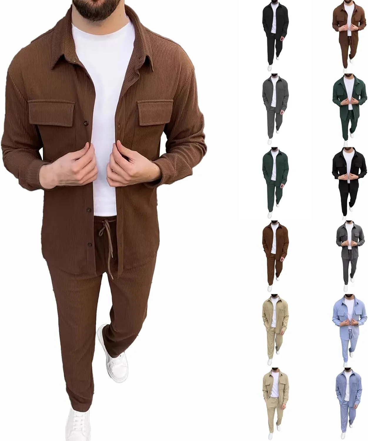 Men Outfits 2 Piece Corduroy Pants Button Down Long Sleeve Jackets Casual Loose Suits Sets Lightweight Activewear