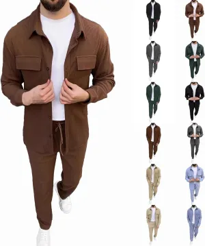 Men Outfits 2 Piece Corduroy Pants Button Down Long Sleeve Jackets Casual Loose Suits Sets Lightweight Activewear