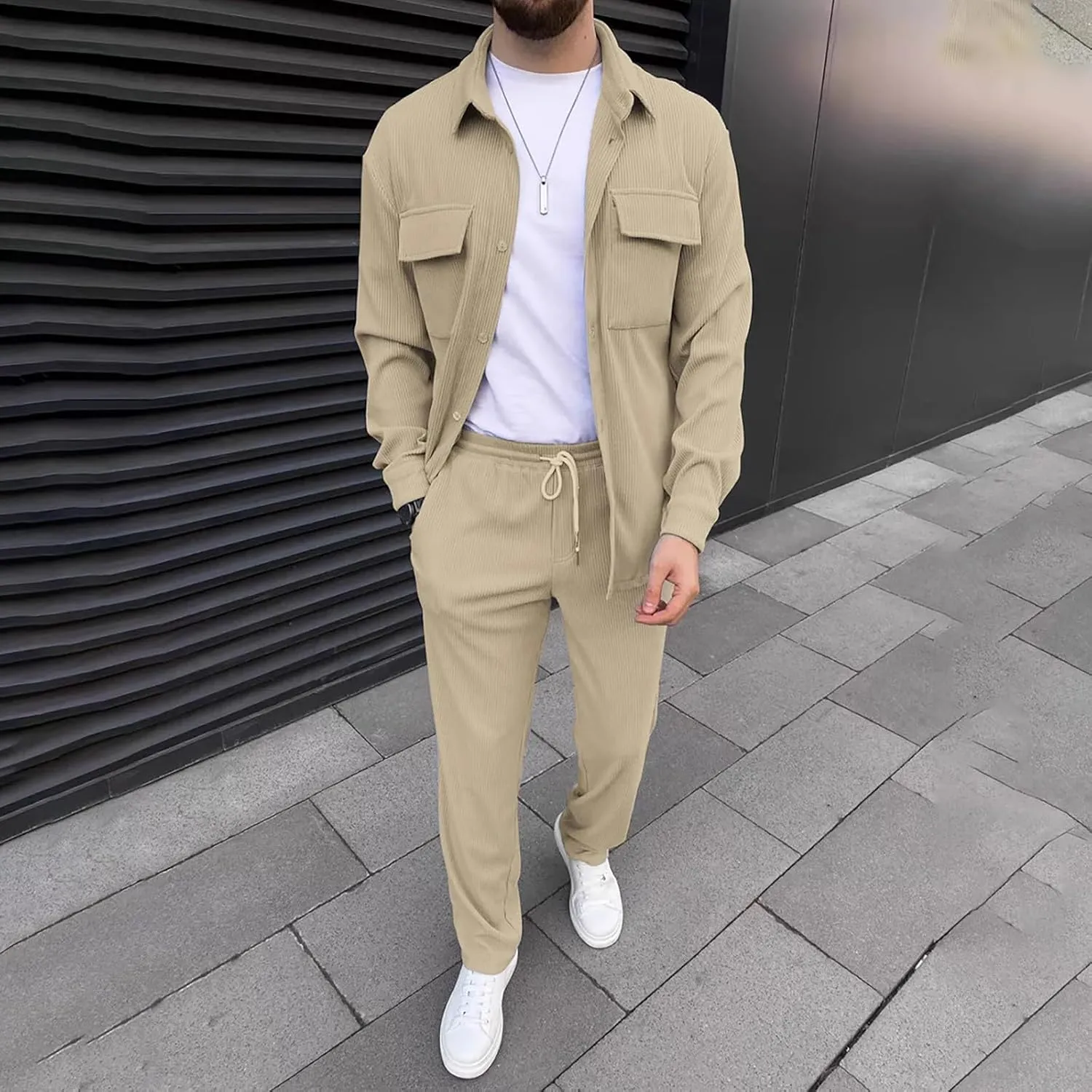 Men Outfits 2 Piece Corduroy Pants Button Down Long Sleeve Jackets Casual Loose Suits Sets Lightweight Activewear