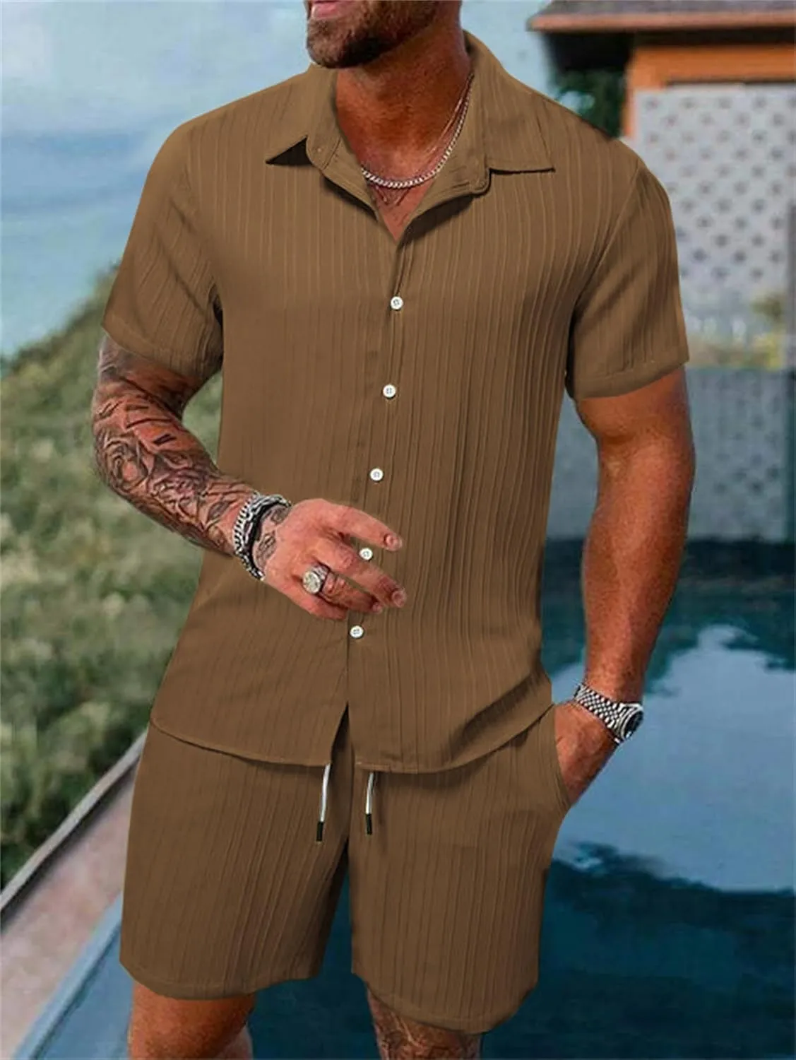Men's 2 Pieces Cotton Linen Set Striped Jacquard Short Sleeve Shirt Short Sets Summer Beach Casual Tracksuits Outfit