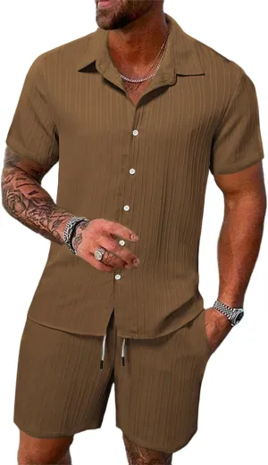 Men's 2 Pieces Cotton Linen Set Striped Jacquard Short Sleeve Shirt Short Sets Summer Beach Casual Tracksuits Outfit