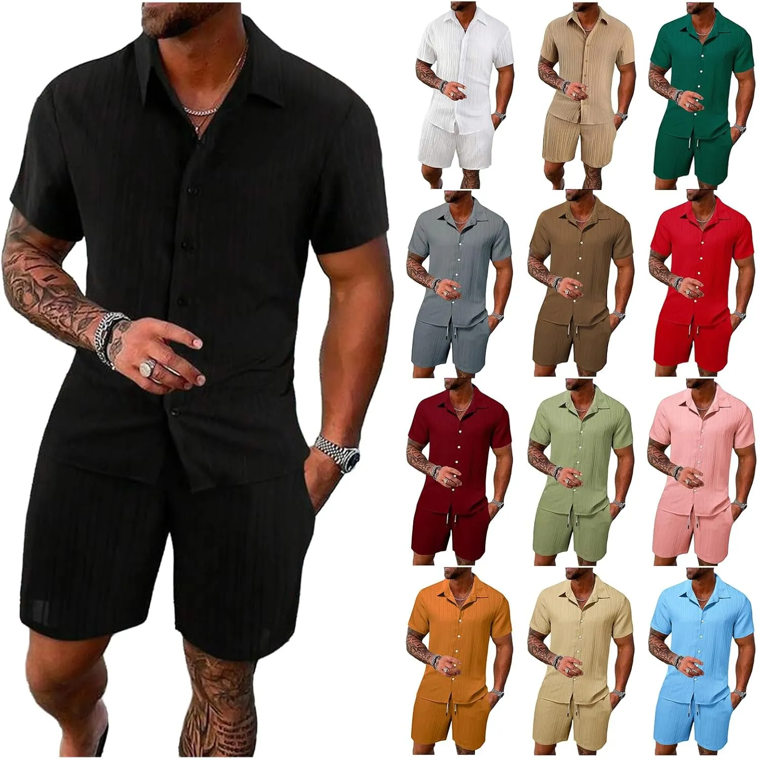 Men's 2 Pieces Cotton Linen Set Striped Jacquard Short Sleeve Shirt Short Sets Summer Beach Casual Tracksuits Outfit