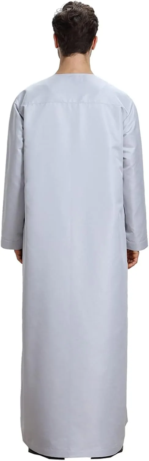 Mens Abaya Thobe Arabic Muslim Round Neck Long Sleeve Button Down Solid Islam Robe with Pockets Prayer Hijab Gowns