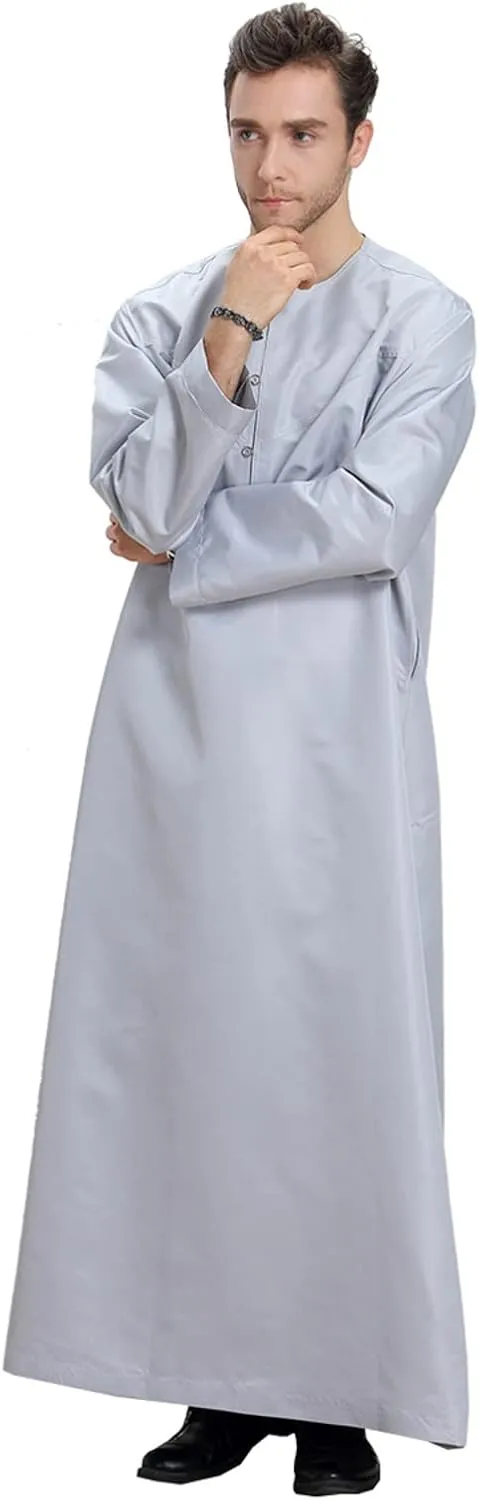 Mens Abaya Thobe Arabic Muslim Round Neck Long Sleeve Button Down Solid Islam Robe with Pockets Prayer Hijab Gowns