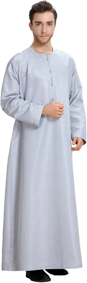 Mens Abaya Thobe Arabic Muslim Round Neck Long Sleeve Button Down Solid Islam Robe with Pockets Prayer Hijab Gowns