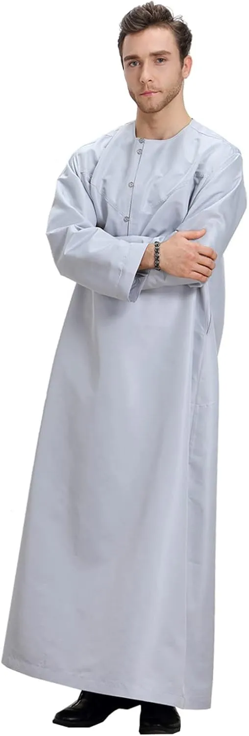 Mens Abaya Thobe Arabic Muslim Round Neck Long Sleeve Button Down Solid Islam Robe with Pockets Prayer Hijab Gowns