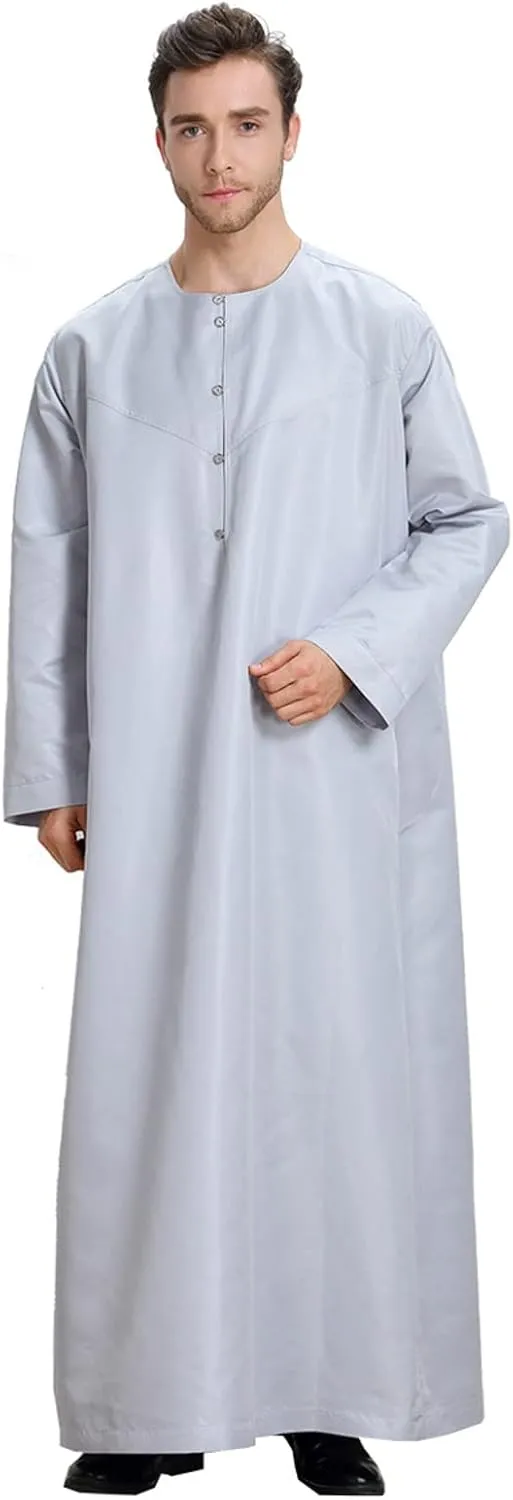 Mens Abaya Thobe Arabic Muslim Round Neck Long Sleeve Button Down Solid Islam Robe with Pockets Prayer Hijab Gowns