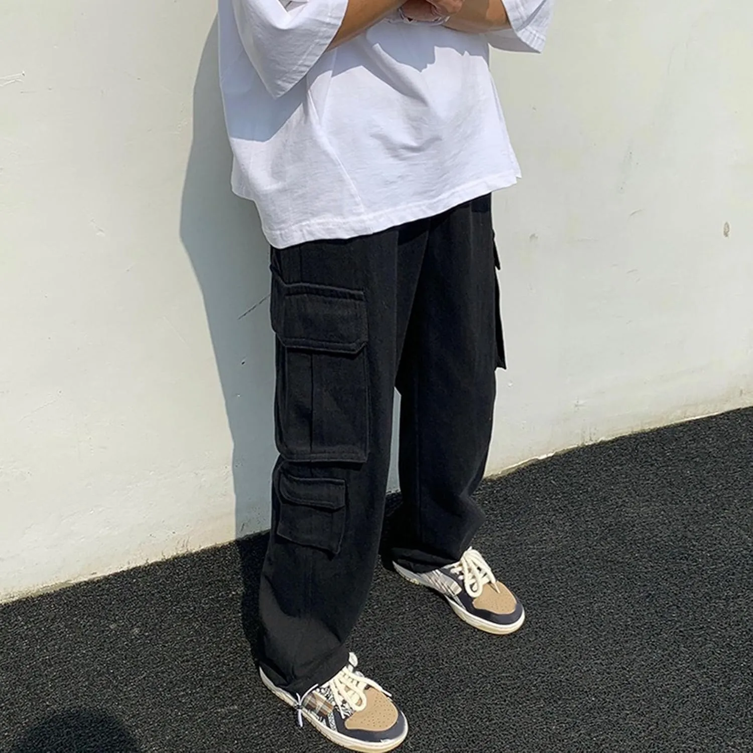 Men's Baggy Straight Leg Casual Pants Drawstring Loose Fit Casual Pants Outdoor Hiking Cargo Trousers