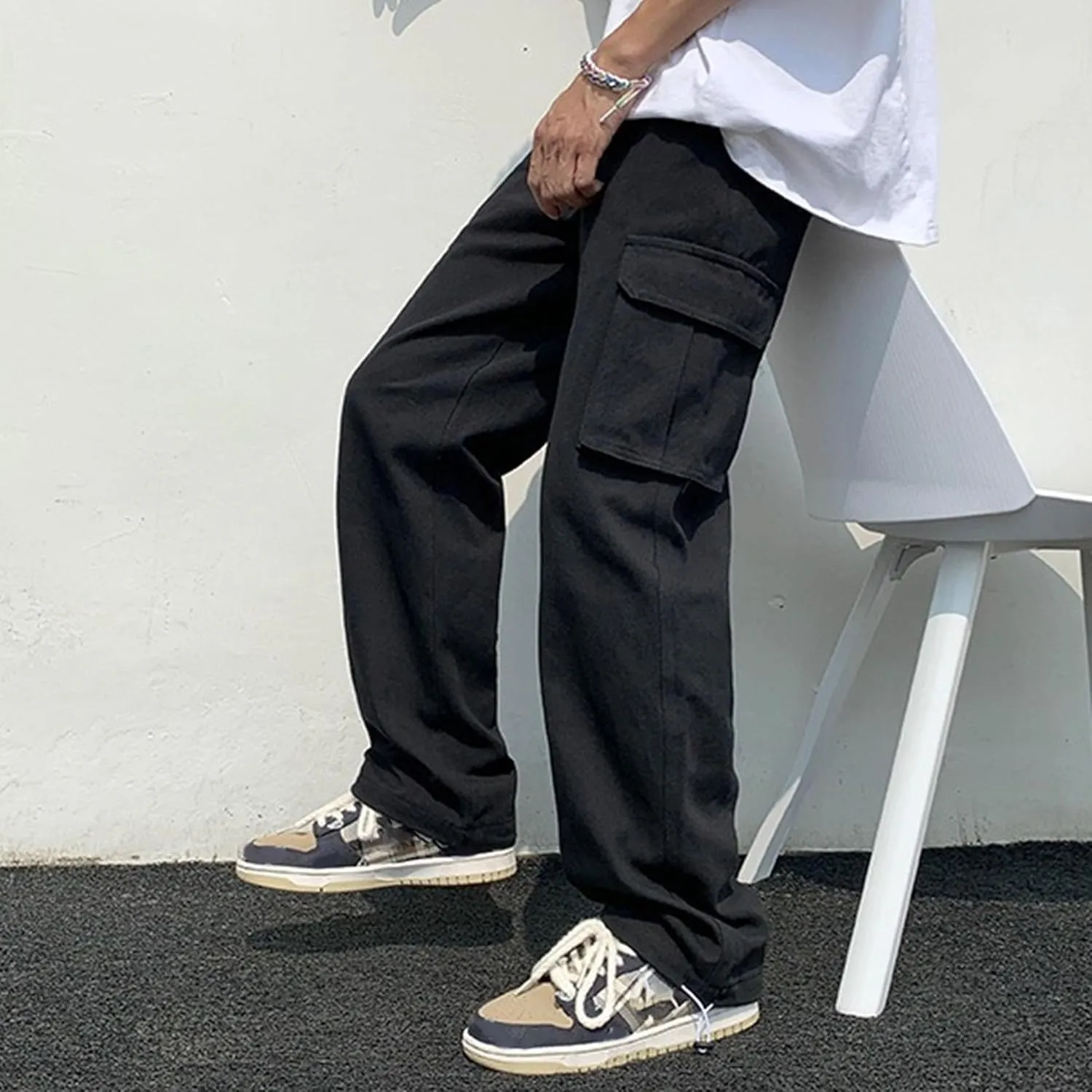 Men's Baggy Straight Leg Casual Pants Drawstring Loose Fit Casual Pants Outdoor Hiking Cargo Trousers