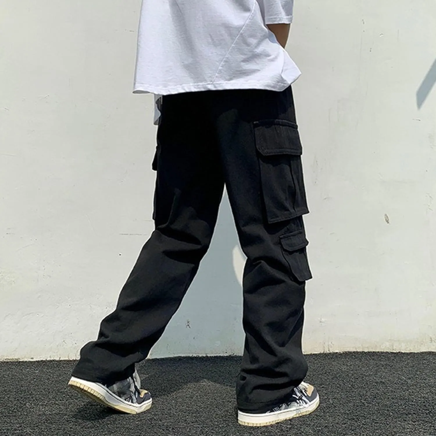 Men's Baggy Straight Leg Casual Pants Drawstring Loose Fit Casual Pants Outdoor Hiking Cargo Trousers