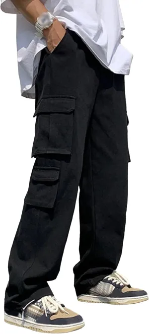 Men's Baggy Straight Leg Casual Pants Drawstring Loose Fit Casual Pants Outdoor Hiking Cargo Trousers