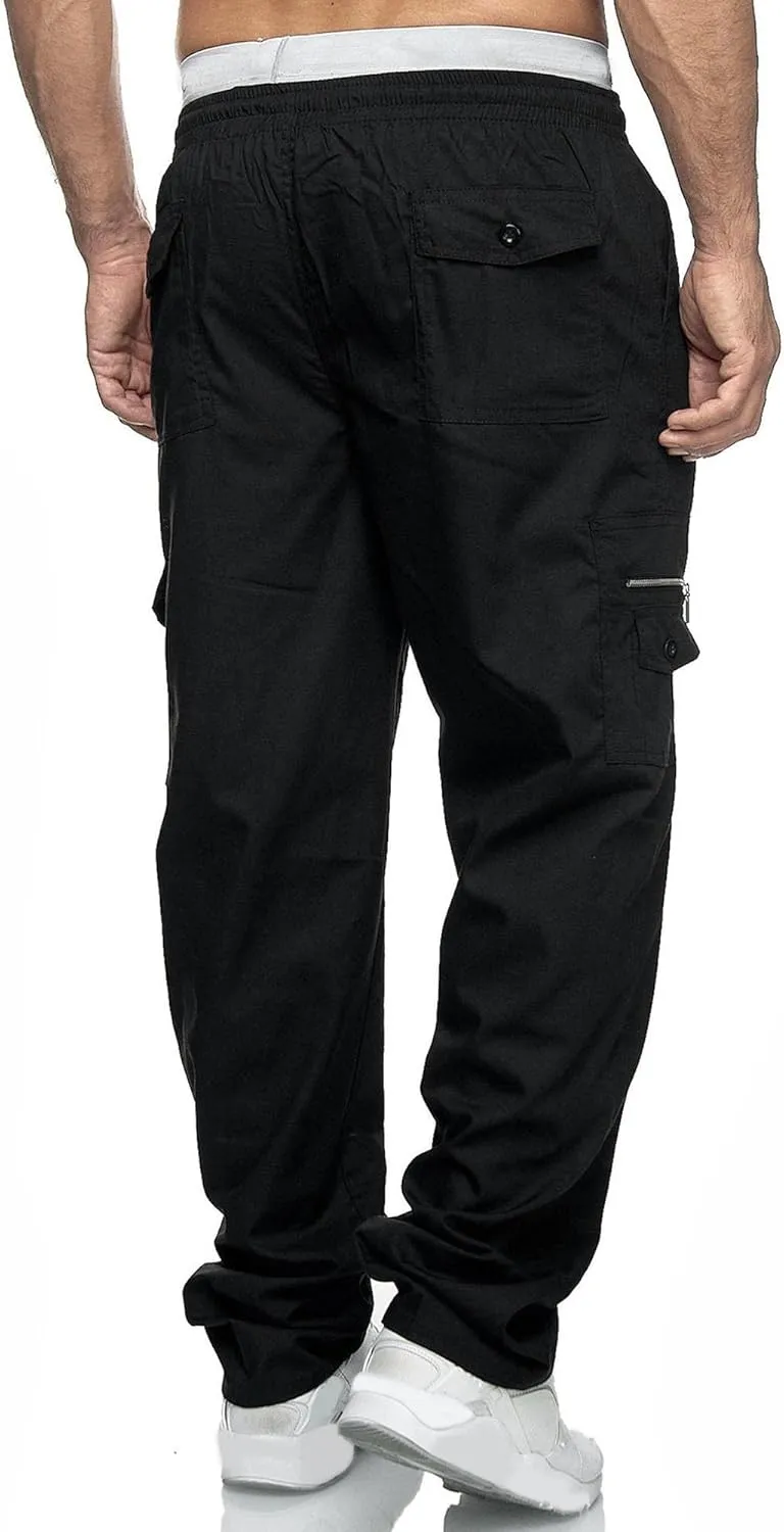 Men's Baggy Straight Leg Casual Pants Drawstring Loose Fit Casual Pants Outdoor Hiking Cargo Trousers